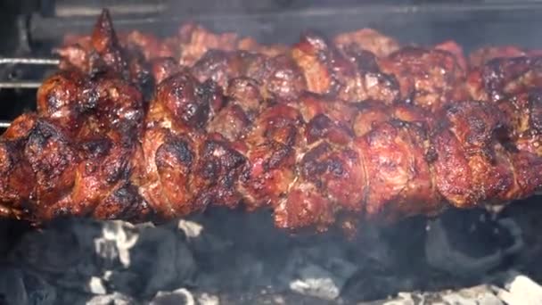 Roasted Meat Cooked Barbecue Grilled Kebab Cooking Metal Skewer Bbq — Stock Video