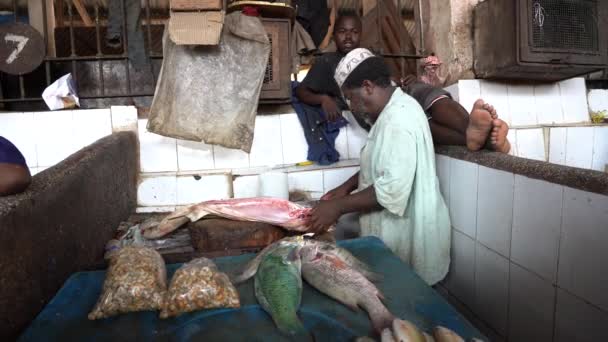 Zanzibar Tanzania November 2019 Afrikanske Mænd Forbereder Sælger Frisk Havfisk – Stock-video