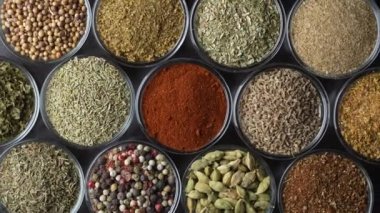 Arka planda yemek pişirmek için çeşitli aromatik baharatlar, tohumlar ve kuru otlar. Smal cam kaselerde dönüyorlar, kapatıyorlar, üstten bakıyorlar.