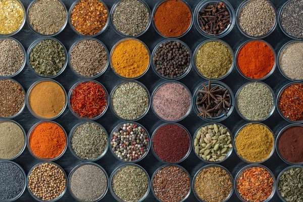 Assortment Aromatic Spices Seeds Dry Herbs Cooking Food Background Small — Stock Photo, Image