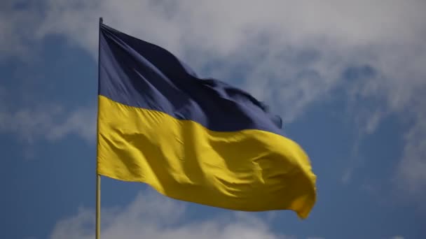 우크라이나 국기가 바람에 흔들리며 하늘을 배경으로 닫히고 우크라이나 국적의 노란색 — 비디오