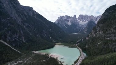 Aerial view of the landscape of south Dolomites mountains, valley and Durrensee lake, Italy, travel and nature concept. Drrensee lake landro or lago di landro Durrensee, Northern Italy, South Tyrol