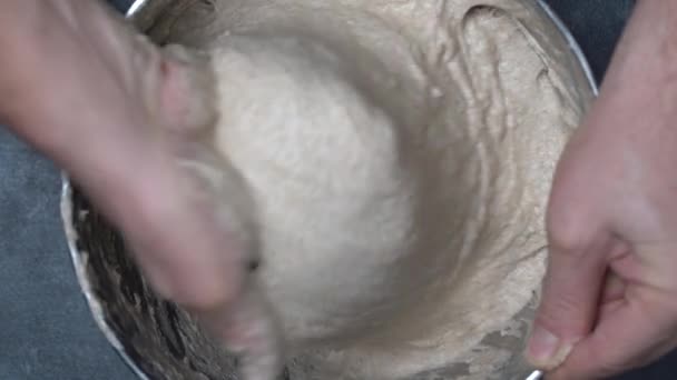Male Baker Stretches Out Yeast Free Dough Baking Bread His — Stock Video