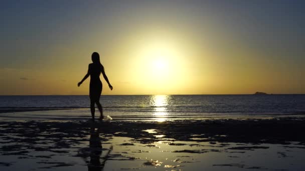 Glückliche Junge Frau Tanzt Bei Sonnenuntergang Einem Tropischen Strand Tanz — Stockvideo