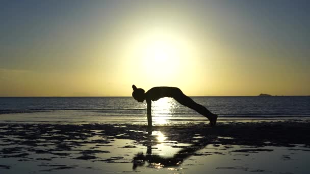 Silhouette Woman Practicing Yoga Pose Tropical Beach Sunset Caucasian Girl — 비디오