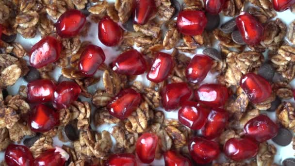 Γρανόλα Πλιγούρι Βρώμης Αποξηραμένα Φρούτα Μέλι Σταφίδες Κομματάκια Σοκολάτας Ξηρούς — Αρχείο Βίντεο