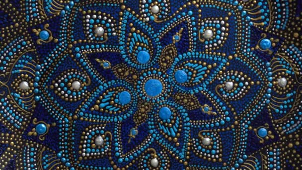 Decorative Ceramic Plate Black Blue Golden Colors Painted Plate Rotating — Vídeos de Stock
