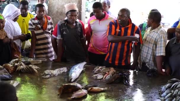 坦桑尼亚桑给巴尔 2019年11月4日 非洲男子在坦桑尼亚桑给巴尔岛 Zanzibar Tanzania East Africa 拍卖新鲜海鱼 — 图库视频影像