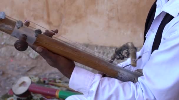 Indiska Musiker Spela Traditionella Musikinstrument Som Heter Kamaycha För Turister — Stockvideo