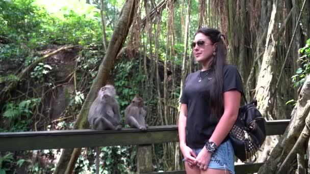 Bali Indonesia March 2019 Woman Wild Monkey Photo Taken Memory — Vídeo de stock