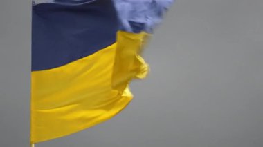Rüzgarda dalgalanan Ukrayna bayrağı gökyüzü arka planında, yaklaş. Ukrayna ulusal rengi sarı ve mavi