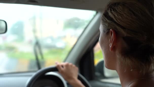Young Woman Driving Car Rain Close Island Zanzibar Tanzania East — Stok video