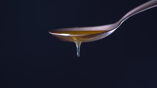 汤匙加蜂蜜 厚厚的蜂蜜滴了下来 从一只金属勺子里流了下来 一滴一滴 在黑色的背景上 关上了 — 图库视频影像