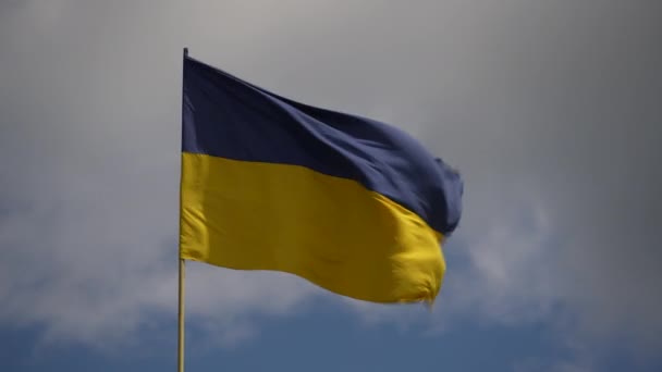 ウクライナのフラグは 風の中で空の背景に手を振っを閉じる ウクライナの民族色黄色と青 — ストック動画