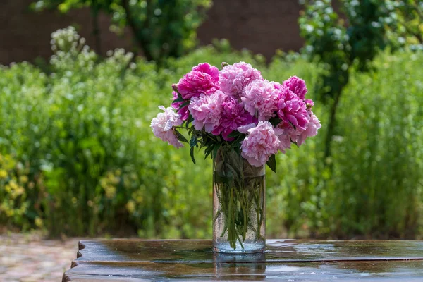 Beautiful Bouquet Flowers Pink Peonies Wooden Table Garden Ukraine Colorful — Stock Photo, Image