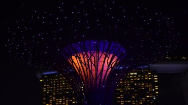 Singapur şehri, Singapur - 27 Şubat 2020: Singapur 'da gece görüşü sırasında Marina Körfezi Kumları' nın yanındaki Gardens 'ta süper ağaçlar. Garden, Singapur 'un merkezinde bir doğa parkı.
