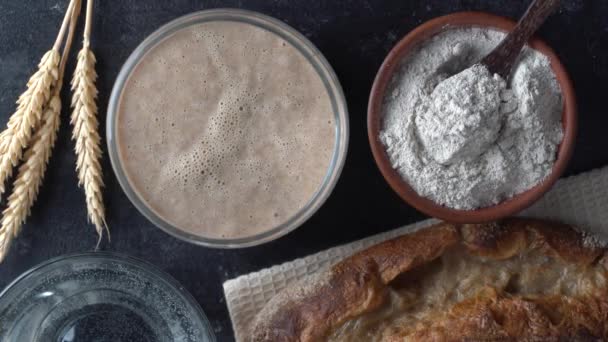 Yeast Free Sourdough Bread Flour Water Glass Jar Dough Leaven — Stock Video