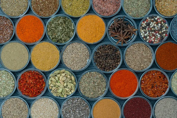 Sortiment Aromatických Koření Semen Suchých Bylin Pro Vaření Potravin Pozadí Stock Fotografie