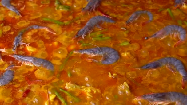 Spanska Skaldjur Paella Stekpanna Med Musslor Räkor Och Grönsaker Skaldjur — Stockvideo