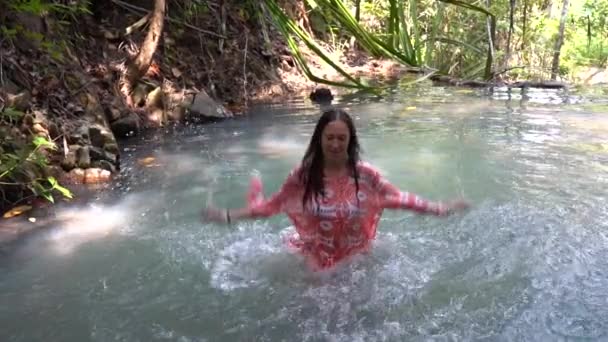 Young Woman Turquoise Water Cascade Waterfall Deep Tropical Rain Forest — Stockvideo