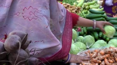 UDAIPUR, INDIA - 23 Kasım 2018: Udaipur, Rajasthan, Hindistan 'daki sokak pazarında sebze satan gıda tüccarı