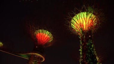 SINGAPORE CITY, SINGAPORE - 27 Mart 2019: marina körfezi yakınlarındaki Gardens 'ta süper ağaçlar, gece aydınlatılmış, Singapur, Güneydoğu Asya. Körfez kıyısında bir bahçe Singapur şehir merkezinde bir doğa parkı.