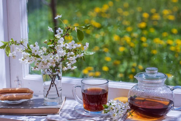 Delicious Hot Tea Windowsill Home Summer Day Garden Close Copy — Photo