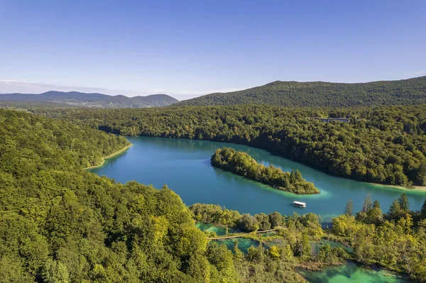 Aerial View Famous Plitvice Lakes Forest Summer Day Croatia Central 로열티 프리 스톡 이미지