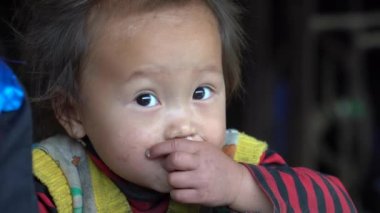 Sapa, Vietnam - Mart 06, 2020: Sapa Bölgesi, Kuzey Vietnam yakınlarındaki sokakta etnik Hmong kızı