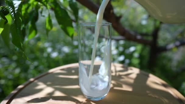 将鲜牛奶倒入花园中旋转桌子上的透明玻璃杯中 慢动作 — 图库视频影像