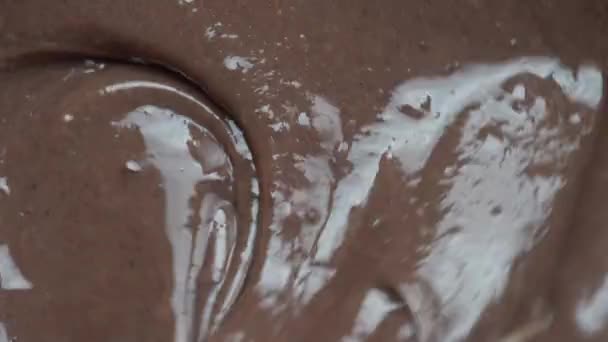 Condensed Milk Being Added Cocoa Mix Make Dessert Close Top — Stockvideo