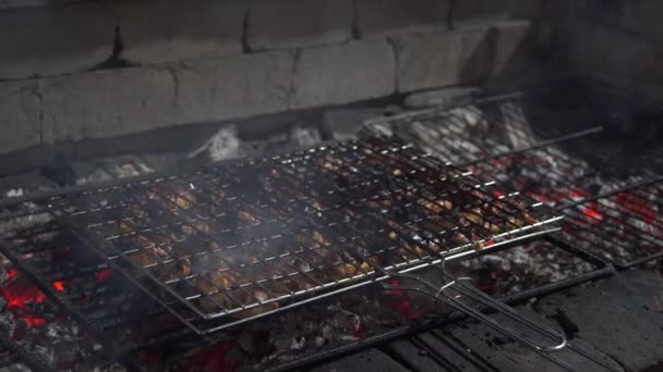 Kuchař Připravuje Voňavé Kuřecí Stehýnka Otevřeném Ohni Pro Turisty Dovolené — Stock video