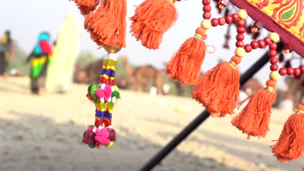 インドのラジャスタン州プシュカル近くのプシュカル カメル メラが近づくと 傘の上に吊るされた色の糸とビーズの装飾品 — ストック動画