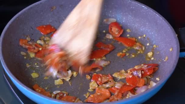 Chopped Onions Lemongrass Red Pepper Fried Vegetable Oil Pan Frying — Stock video