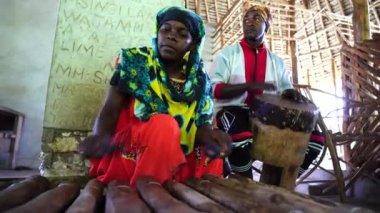 Zanzibar, Tanzanya - Kasım 07, 2019: Afrikalı müzisyenler Doğu Afrika 'daki Tanzanya' nın Zanzibar adasında turistler için yerel müzik enstrümanları çalıyorlar