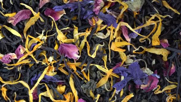 Τσάι Ξηρό Βότανα Φρούτα Και Πέταλα Λουλουδιών Φόντο Κορυφαία Άποψη — Αρχείο Βίντεο