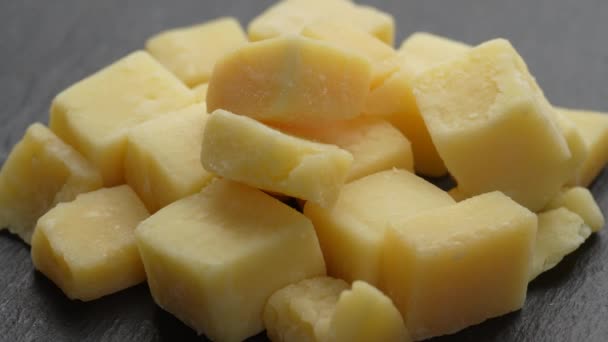 Diced Cheese Rotates Black Plate Delicious Cheese Cubes Close Dairy — 비디오