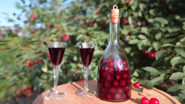 在夏日花园的一张木制桌子上 一只自制的樱桃白兰地酒杯和一个玻璃瓶 关门后旋转着 — 图库视频影像