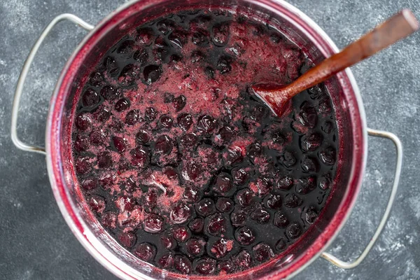 Preparation Freshly Picked Red Cherries Sugar Make Cherry Jam Close — Fotografia de Stock