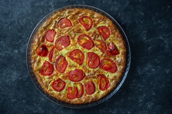 Delicious Vegetarian Zucchini Pie Red Tomato Top View Close Grated — Stockfoto