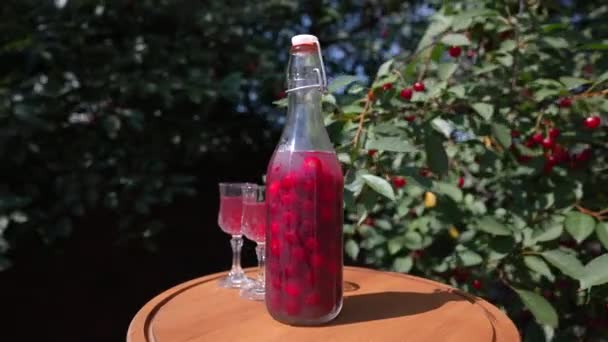夏の庭の木のテーブルの上に2つのガラスとガラスボトルに自家製のチェリーブランデーが回転します — ストック動画