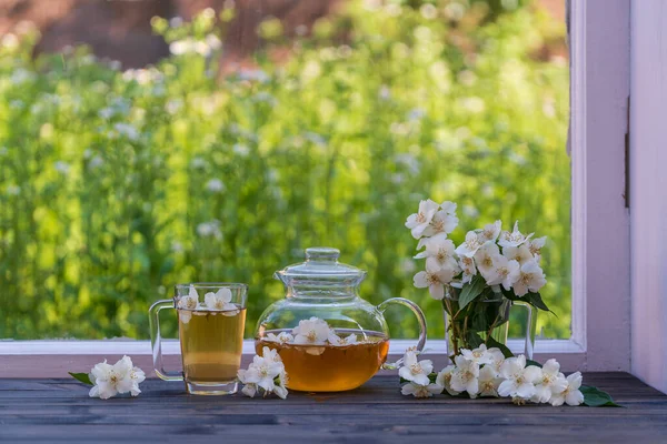 Délicieuse Tisane Chaude Sur Rebord Fenêtre Maison Jour Été Près — Photo