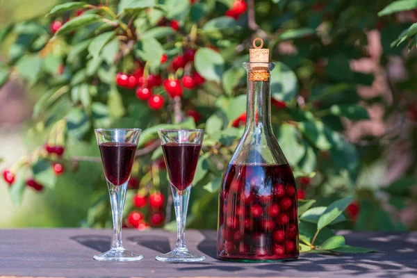 Homemade Cherry Brandy Two Glasses Glass Bottle Wooden Table Summer — ストック写真