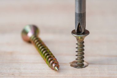Golden screws screwed into wooden plank and screwdriver, close up