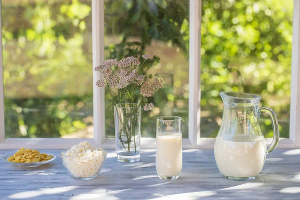 Milk Jug Glass Cottage Cheese Windowsill Window House Summer Day — Photo