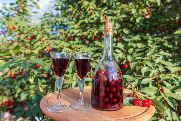 Homemade Cherry Brandy Two Glasses Glass Bottle Wooden Table Summer — Foto Stock