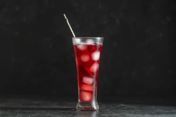 Fresh Red Cherry Cocktail Ice Cubes Glass Black Background Close — 스톡 사진