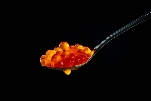 Fresh Red Caviar Spoon Black Background Close — Fotografia de Stock