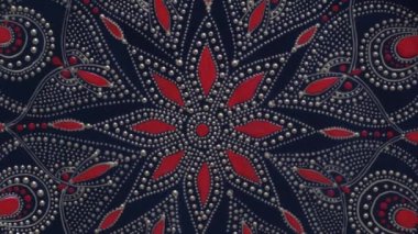 Siyah, kırmızı ve altın renkli dekoratif seramik tabaklar, arka planda boyalı tabaklar, yakın plan, üst manzara, döndürme. Akrilik boyalarla boyanmış dekoratif porselen tabaka, el işi, nokta boyası.