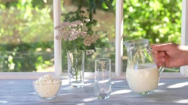 Pouring Fresh Milk Transparent Glass Jug Windowsill Window House Summer — Wideo stockowe
